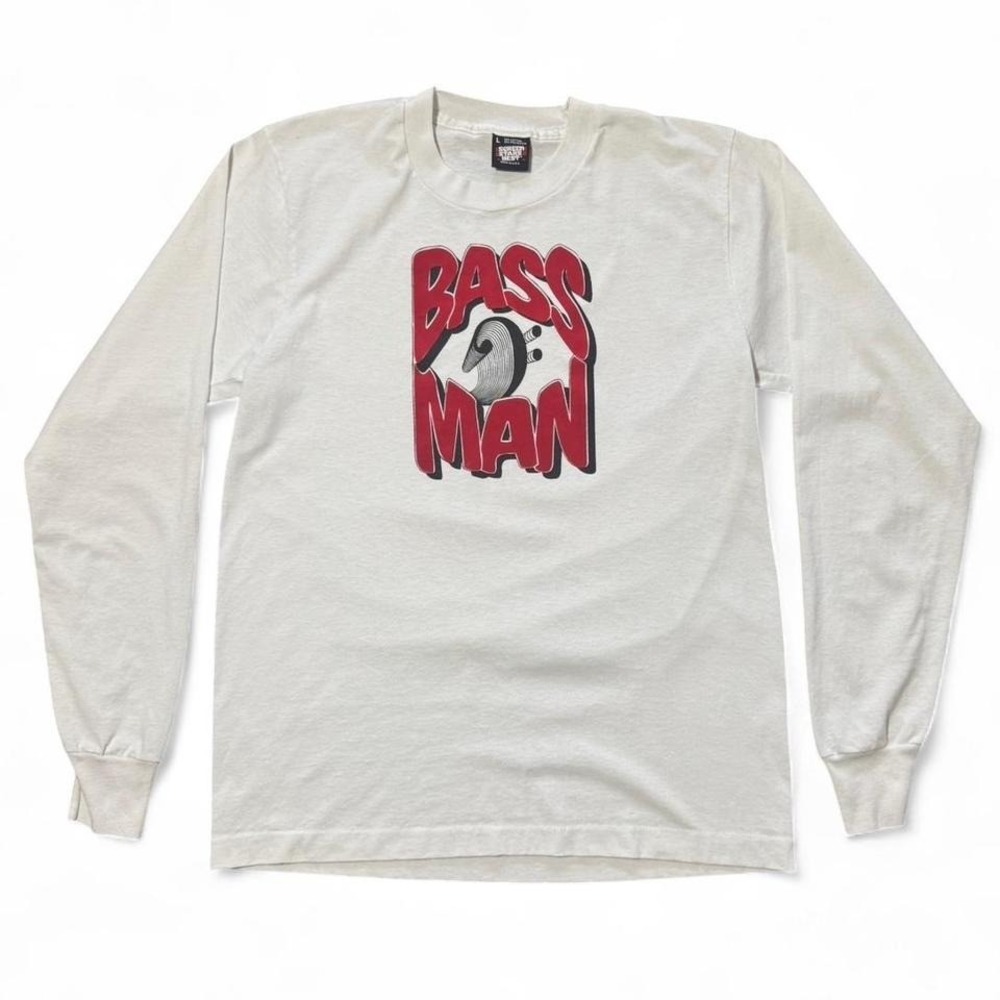 Vintage 90s Bass Man Musician Musical Instrument White Long Sleeve Shirt Large